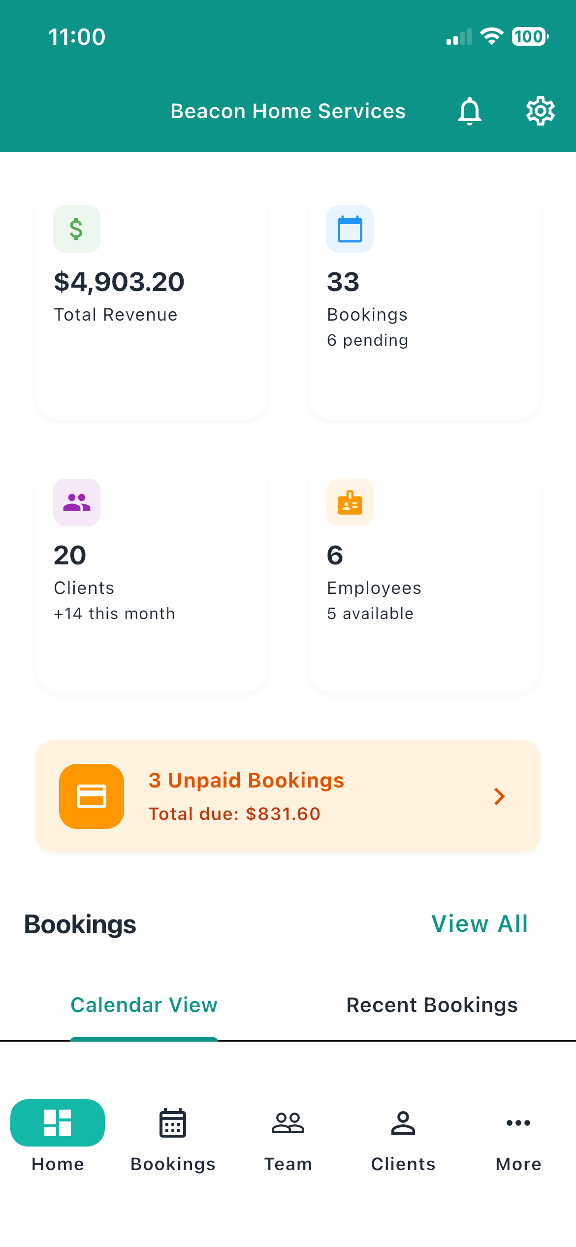 Housemore admin dashboard showing revenue, bookings, clients and employees